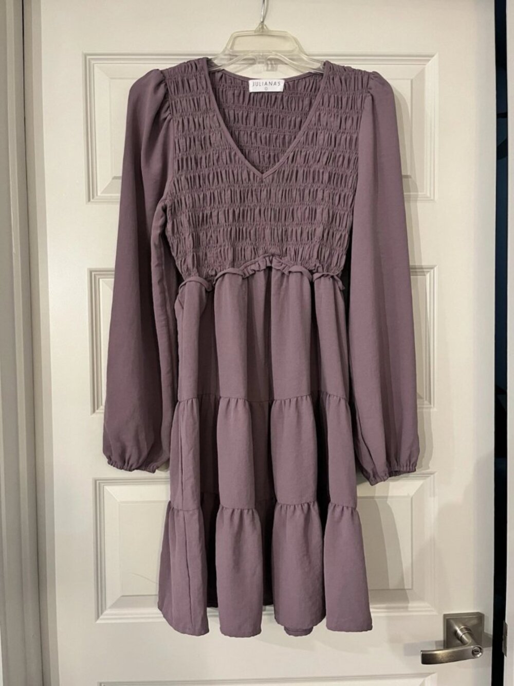 Boutique Purple Smocked V-Neck Long Balloon Sleeve Mini A-Line Dress